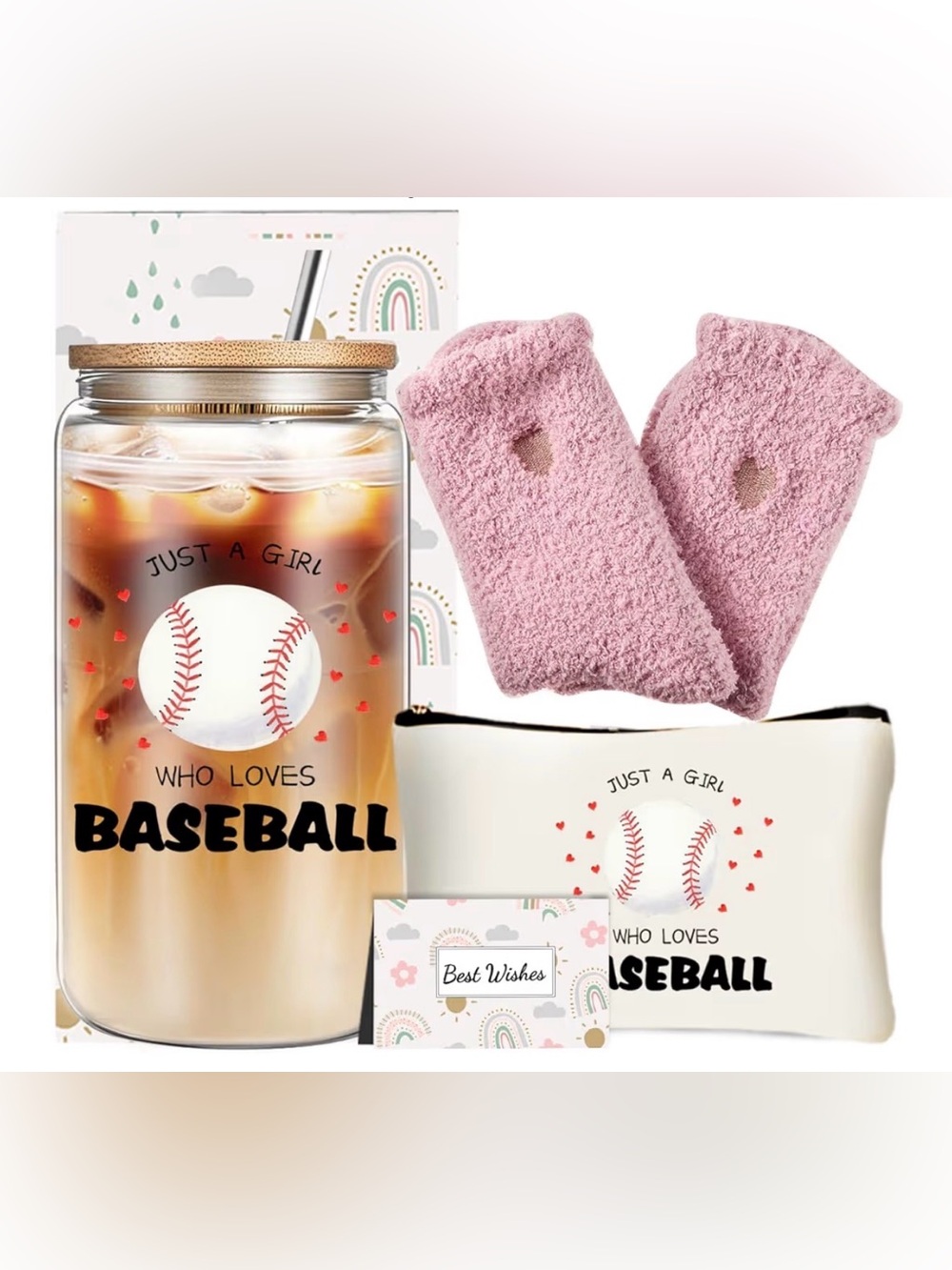 Pink Fuzzy Wrist Warmers & Baseball Tumbler Gift Set